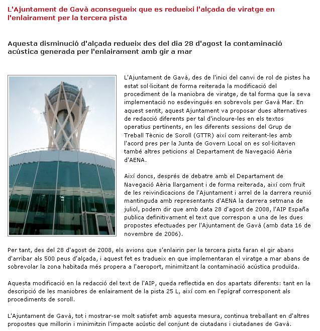 Noticia publicada en la web de la OMSA sobre la mejora del giro de los aviones por la tercera pista del aeropuerto del Prat (8 de septiembre de 2008)